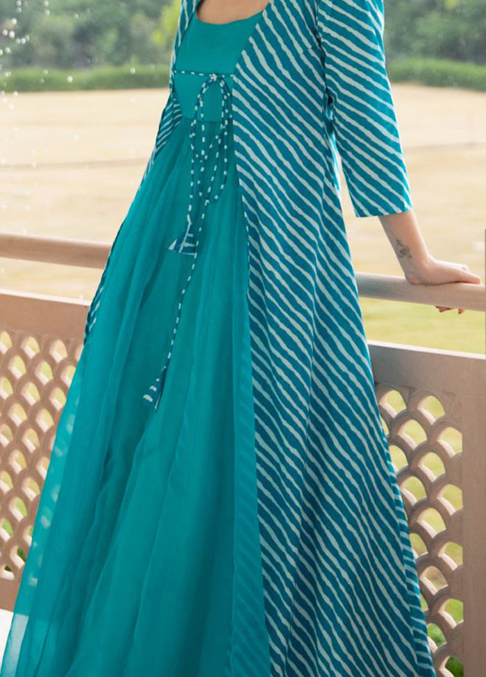 Teal Readymade Silk Gown With Jacket