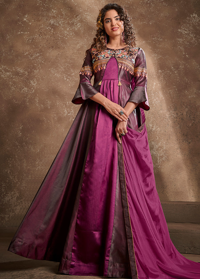 Burgundy Readymade Silk Gown With Dupatta