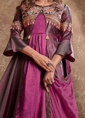 Burgundy Readymade Silk Gown With Dupatta