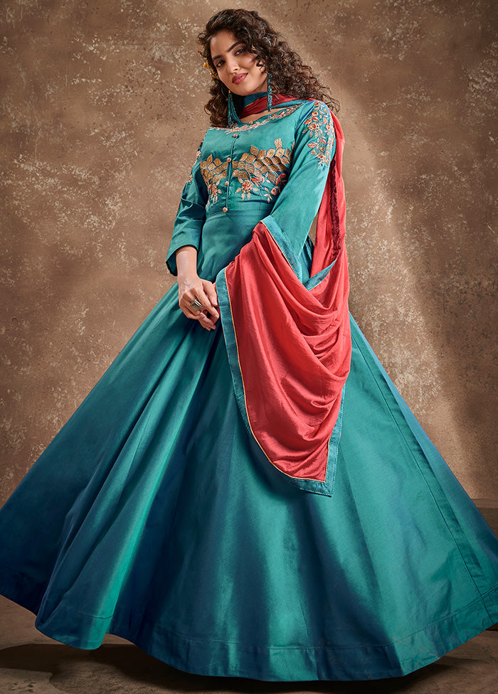 Blue Readymade Silk Gown With Dupatta