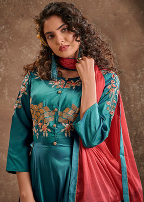 Blue Readymade Silk Gown With Dupatta