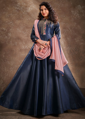 Navy Blue Readymade Silk Gown With Dupatta