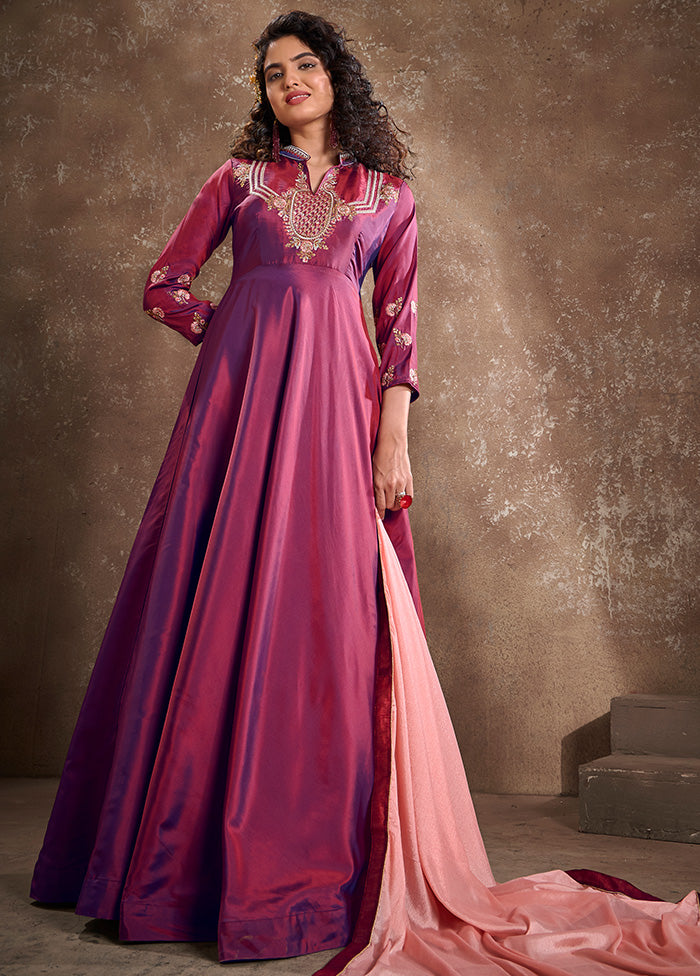 Burgundy Readymade Silk Gown With Dupatta