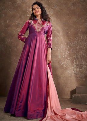 Burgundy Readymade Silk Gown With Dupatta