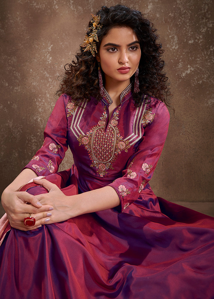 Burgundy Readymade Silk Gown With Dupatta