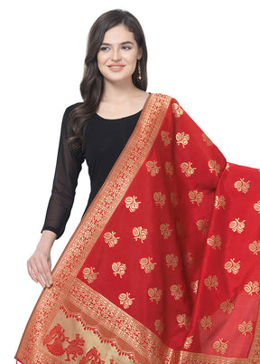 Red Jacquard Dupatta - Indian Silk House Agencies