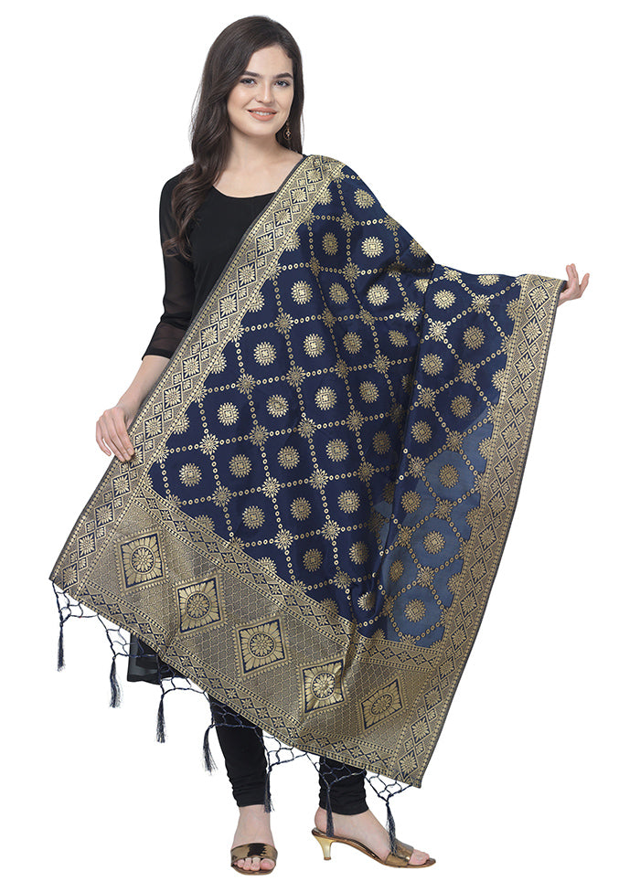 Navy Blue Jacquard Dupatta - Indian Silk House Agencies