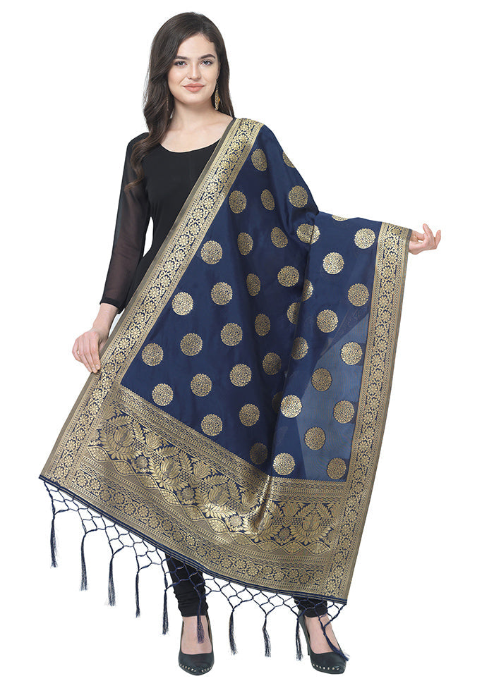 Navy Blue Jacquard Dupatta - Indian Silk House Agencies