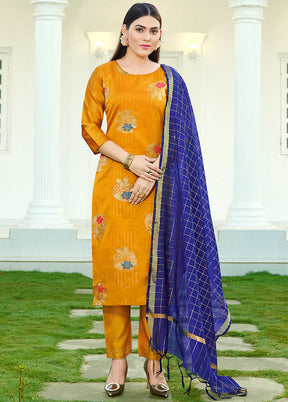 3 Pc Yellow Readymade Silk Suit Set - Indian Silk House Agencies