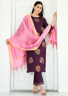 3 Pc Wine Readymade Silk Suit Set - Indian Silk House Agencies