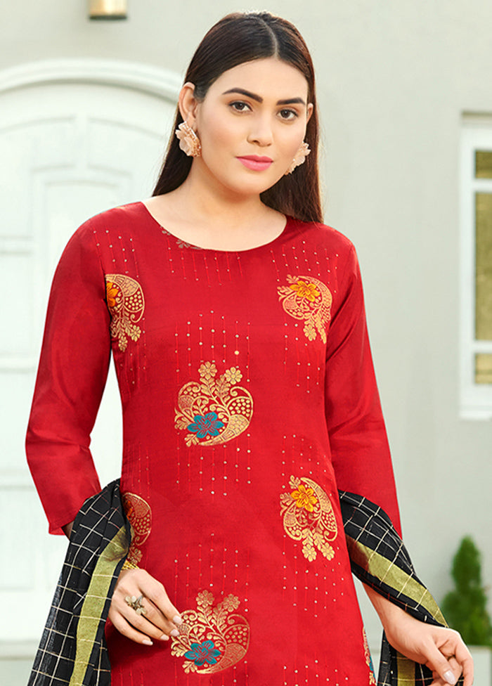 3 Pc Red Readymade Silk Suit Set - Indian Silk House Agencies