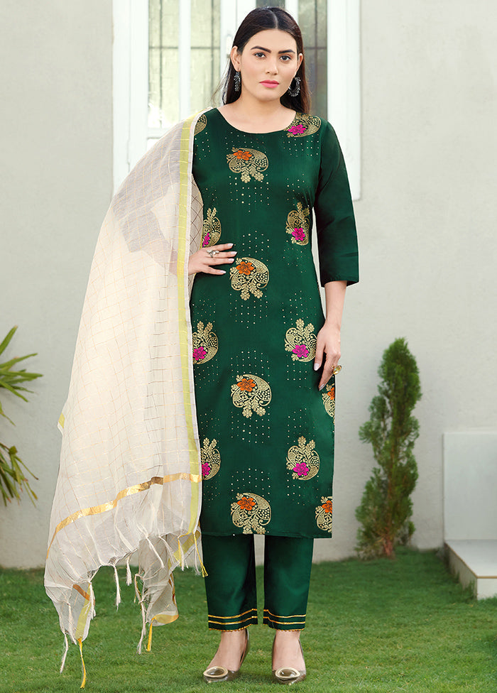 3 Pc Green Readymade Silk Suit Set - Indian Silk House Agencies