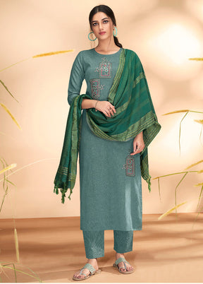 3 Pc Teal Blue Readymade Cotton Suit Set - Indian Silk House Agencies