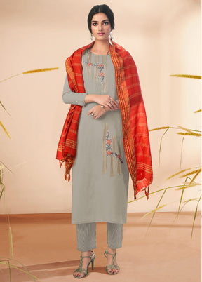 3 Pc Grey Readymade Cotton Suit Set - Indian Silk House Agencies