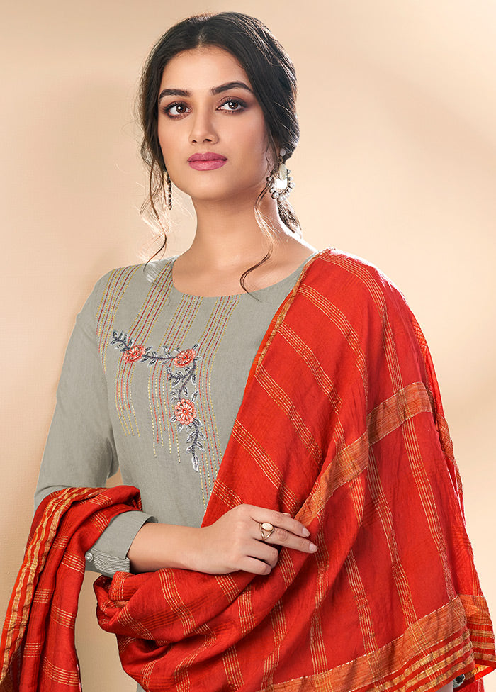 3 Pc Grey Readymade Cotton Suit Set - Indian Silk House Agencies