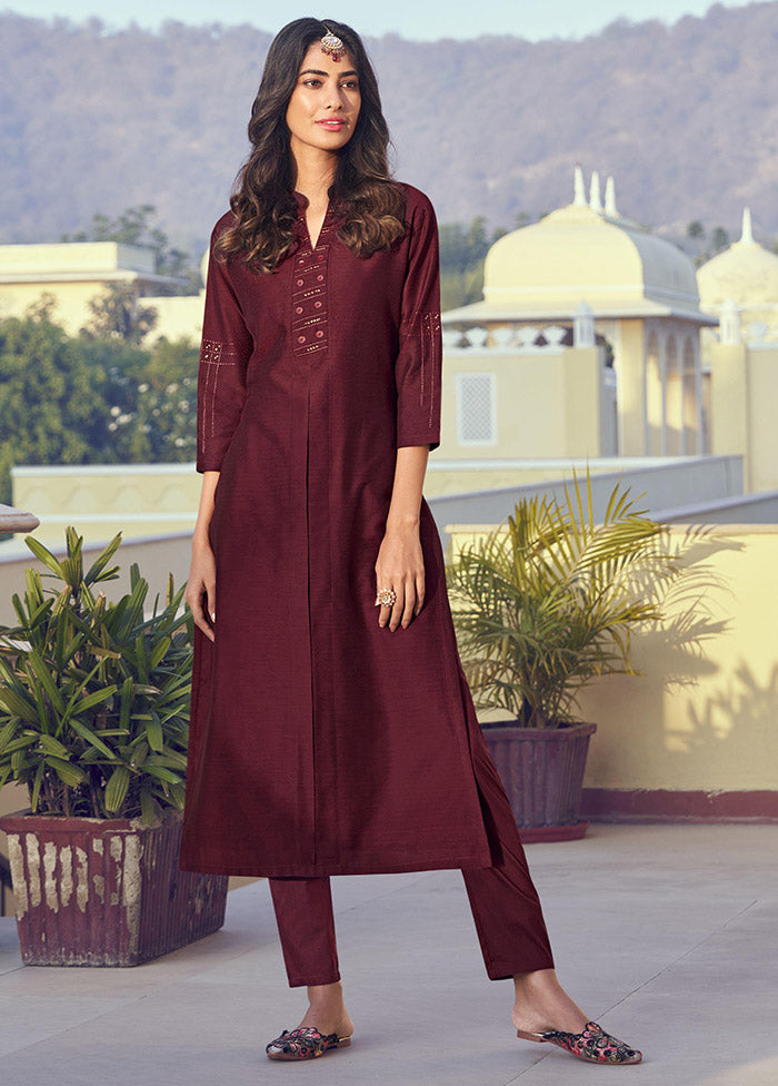 2 Pc Maroon Readymade Silk Kurti Set - Indian Silk House Agencies