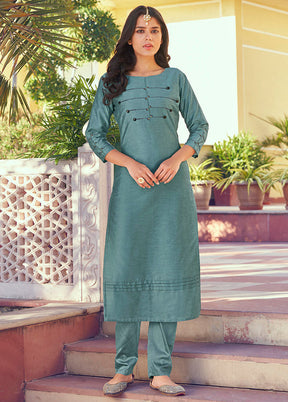 2 Pc Teal Blue Readymade Silk Kurti Set - Indian Silk House Agencies