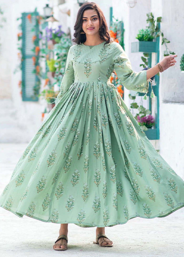 Pista Green Readymade Silk Long Kurti