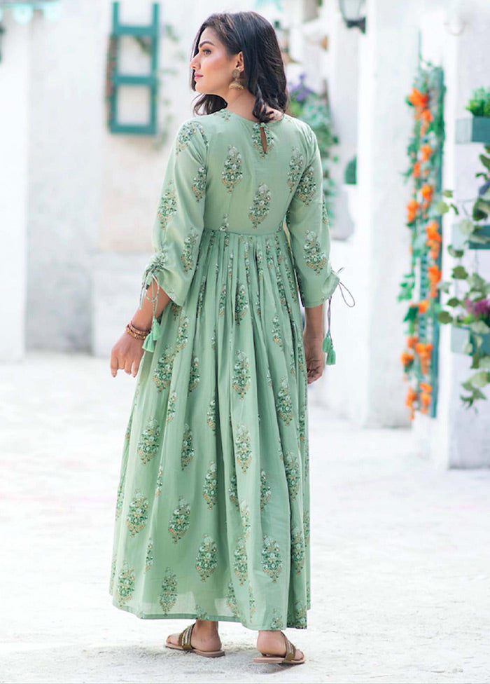 Pista Green Readymade Silk Long Kurti