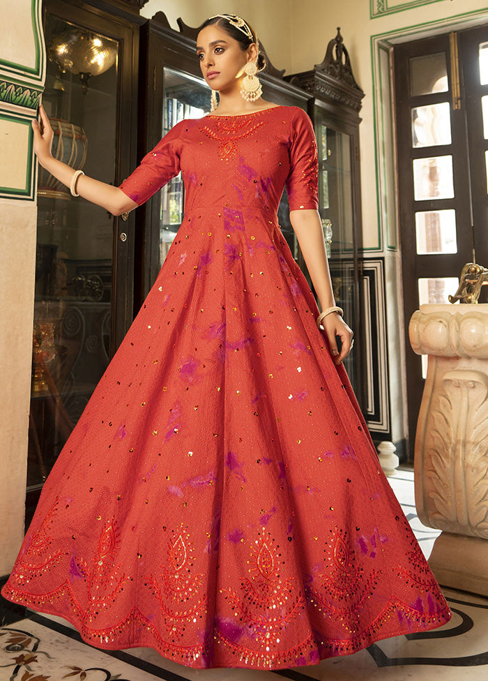 Orange Semi Stitched Cotton Gown