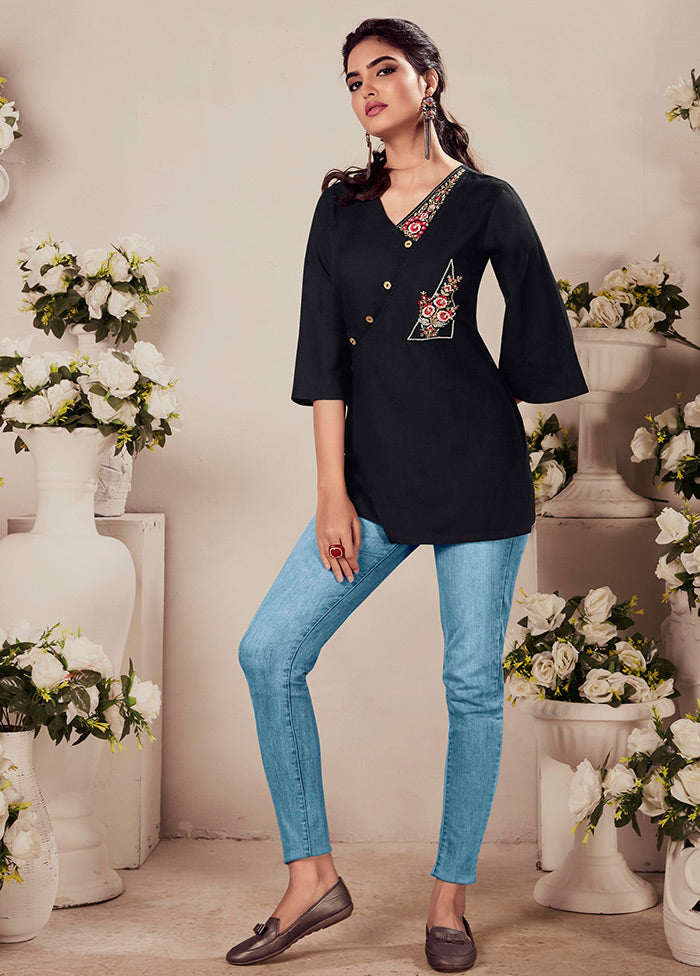 Black Readymade Cotton Short Kurti - Indian Silk House Agencies