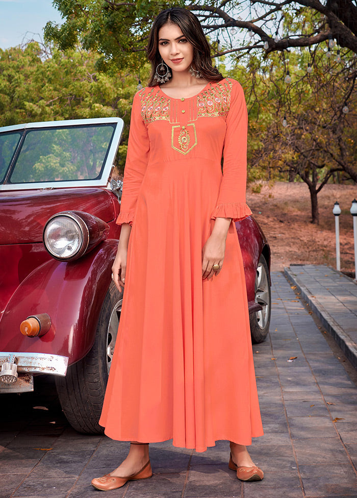 Peach Readymade Rayon Long Kurti - Indian Silk House Agencies