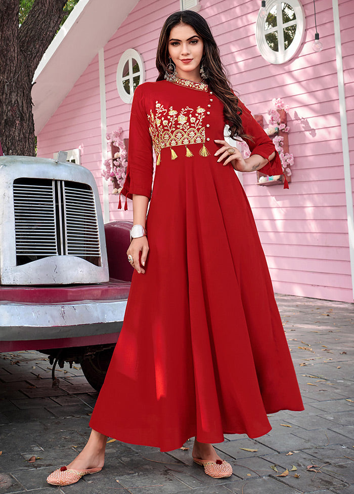 Red Readymade Rayon Long Kurti