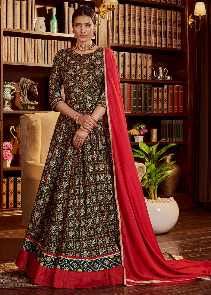 Green Readymade Cotton Gown With Dupatta