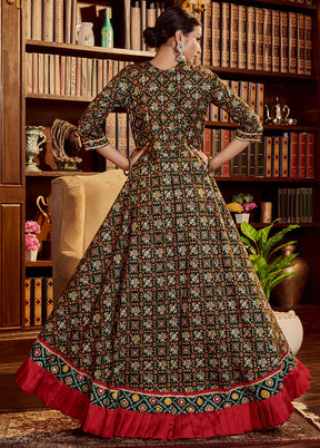 Green Readymade Cotton Gown With Dupatta