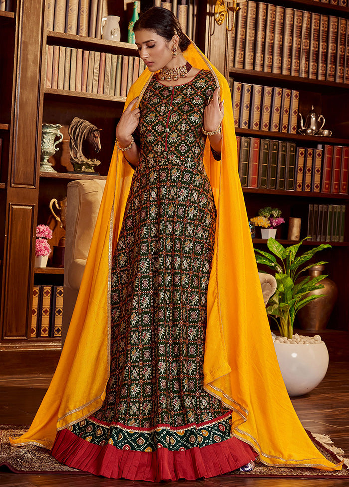 Green Readymade Cotton Gown With Dupatta