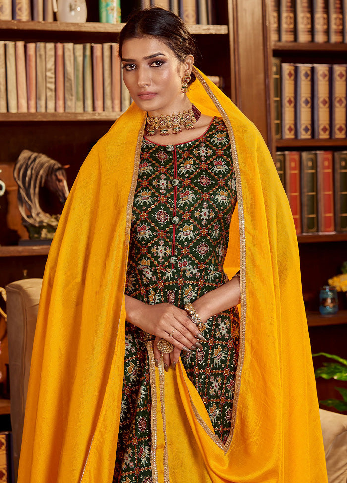 Green Readymade Cotton Gown With Dupatta