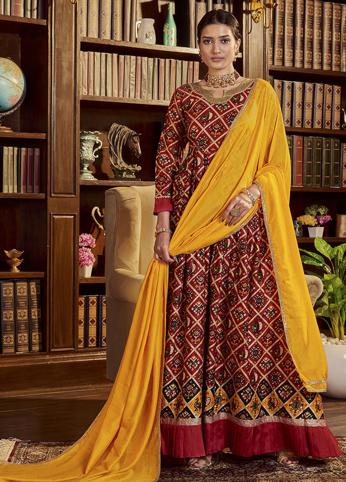 Maroon Readymade Cotton Gown With Dupatta