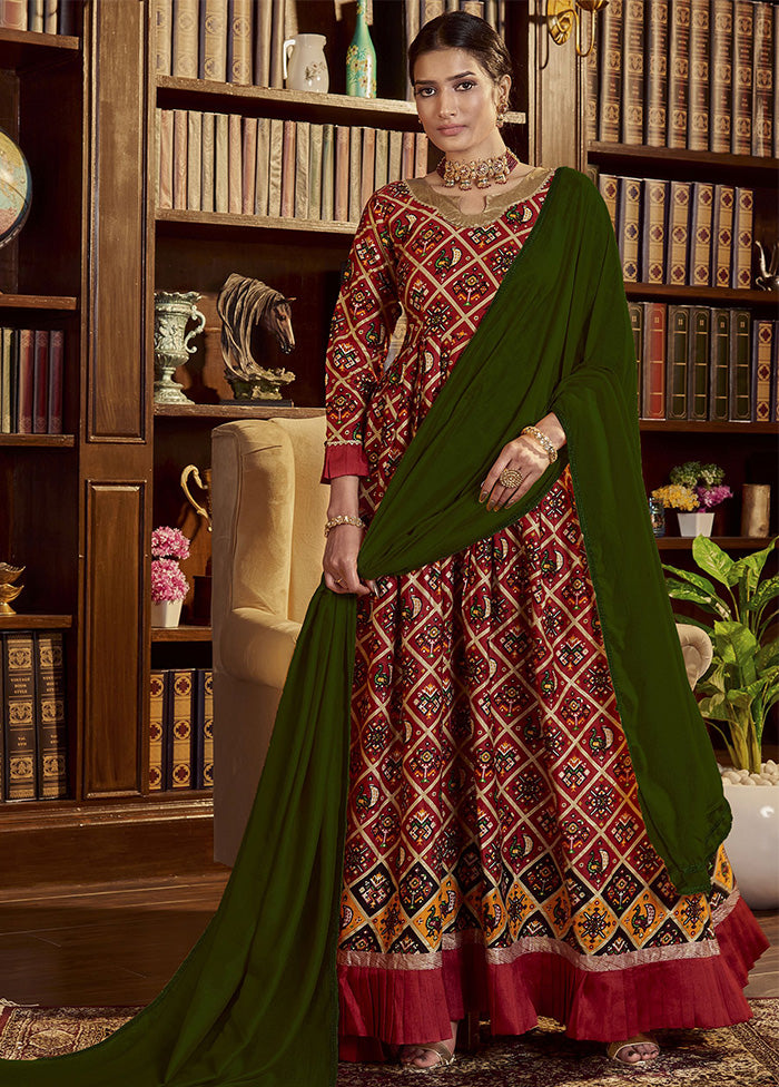 Maroon Readymade Cotton Gown With Dupatta