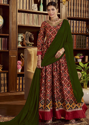 Maroon Readymade Cotton Gown With Dupatta