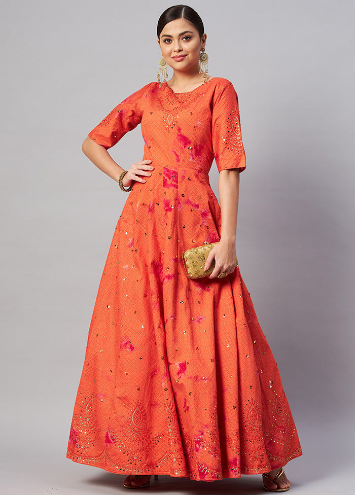 Orange Semi Stitched Cotton Gown