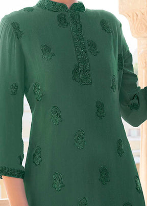 2 Pc Green Readymade Georgette Kurti Set - Indian Silk House Agencies