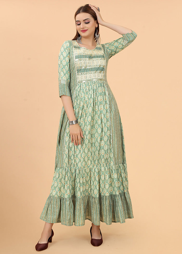 Green Readymade Cotton Long Kurti