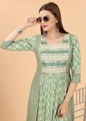 Green Readymade Cotton Long Kurti