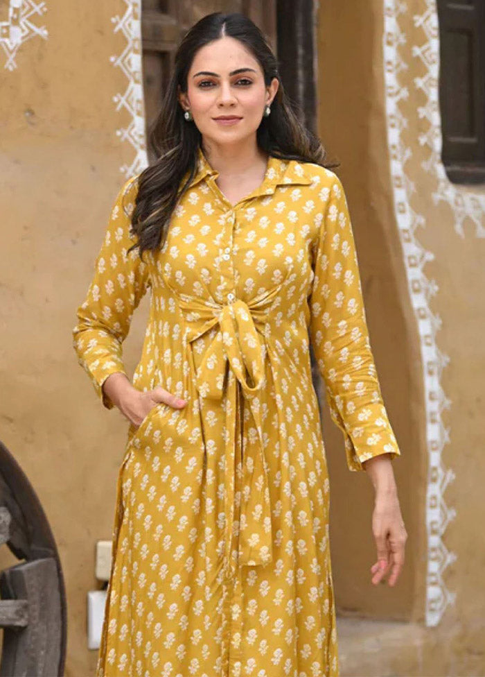 2 Pc Mustard Readymade Silk Kurti Set - Indian Silk House Agencies