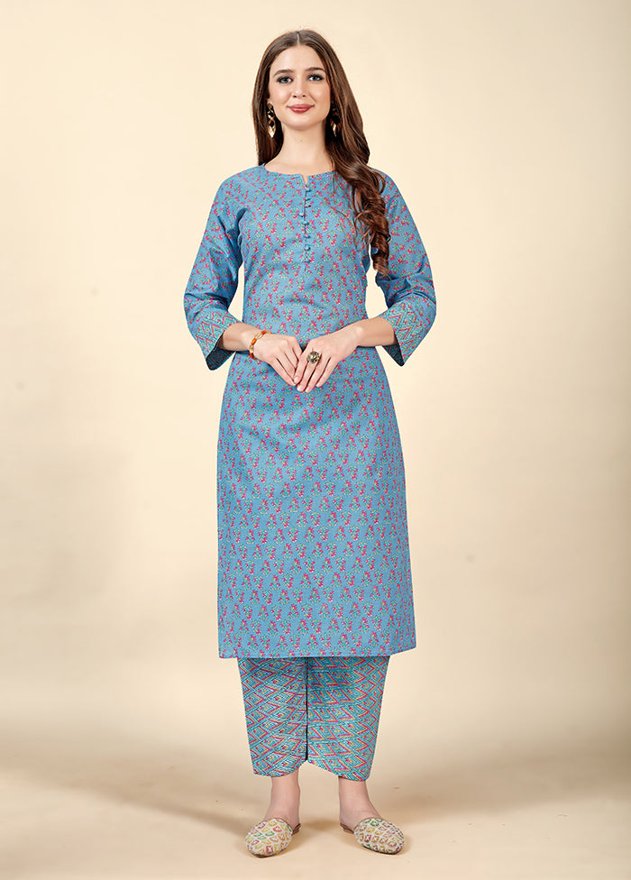 2 Pc Blue Readymade Cotton Kurti Set - Indian Silk House Agencies