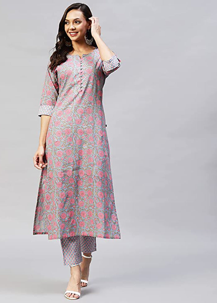 2 Pc Grey Readymade Cotton Kurti Set - Indian Silk House Agencies