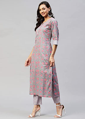 2 Pc Grey Readymade Cotton Kurti Set - Indian Silk House Agencies