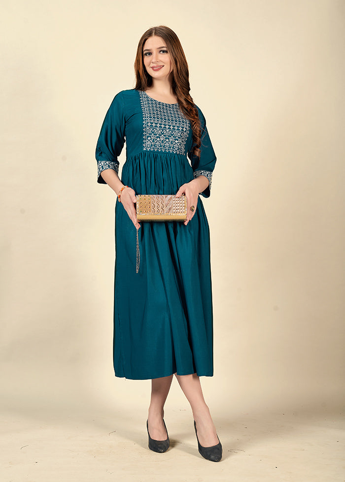 Teal Blue Readymade Cotton Kurti - Indian Silk House Agencies