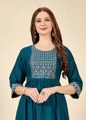 Teal Blue Readymade Cotton Kurti - Indian Silk House Agencies