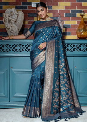 Teal Blue Dupion Silk Saree With Blouse Piece - Indian Silk House Agencies