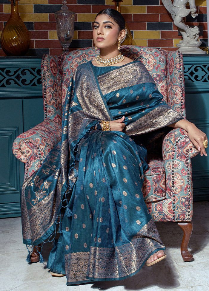 Teal Blue Dupion Silk Saree With Blouse Piece - Indian Silk House Agencies