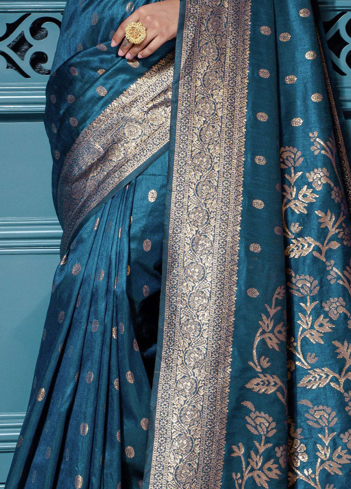 Teal Blue Dupion Silk Saree With Blouse Piece - Indian Silk House Agencies