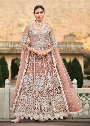 3 Pc Peach Semi Stitched Net Suit Set - Indian Silk House Agencies