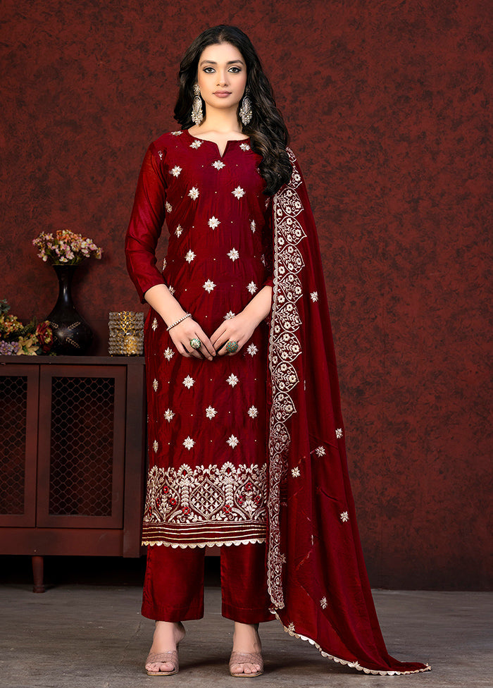 3 Pc Maroon Semi Stitched Chanderi Suit Set - Indian Silk House Agencies