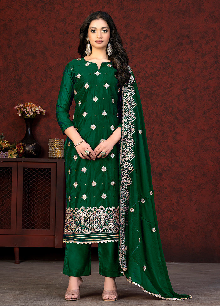 3 Pc Green Semi Stitched Chanderi Suit Set - Indian Silk House Agencies